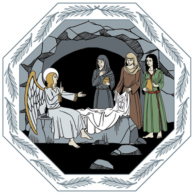 Jeesuksen tyhjässä haudassa enkeli istuu hautapaadella, Naiset ihmettelevät käärinliinoja.
