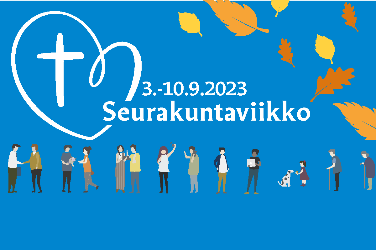 Graafisia ihmisiä ja syksyisiä lehtiä, teksti: seurakuntaviikko 3.-10.9.2023.