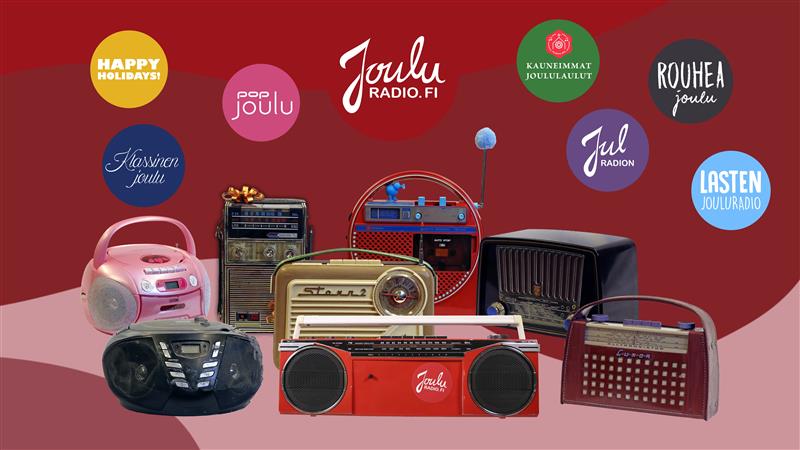Radiolaitteita, jouluradion eri kanavien logoja.