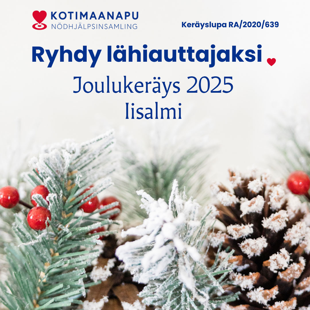 Huurteisia käpyjä ja havuja ja teksti: Ryhdy lähiauttajaksi. Joulukeräys 2025 Iisalmi.