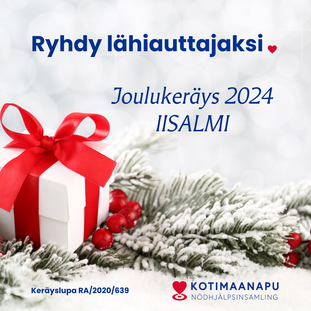 Jouluinen kuva, lahjapakkaus ja havuja ja teksti: Ryhdy lähiauttajaksi. Joulukeräys 2024 Iisalmi. Alla Koti...