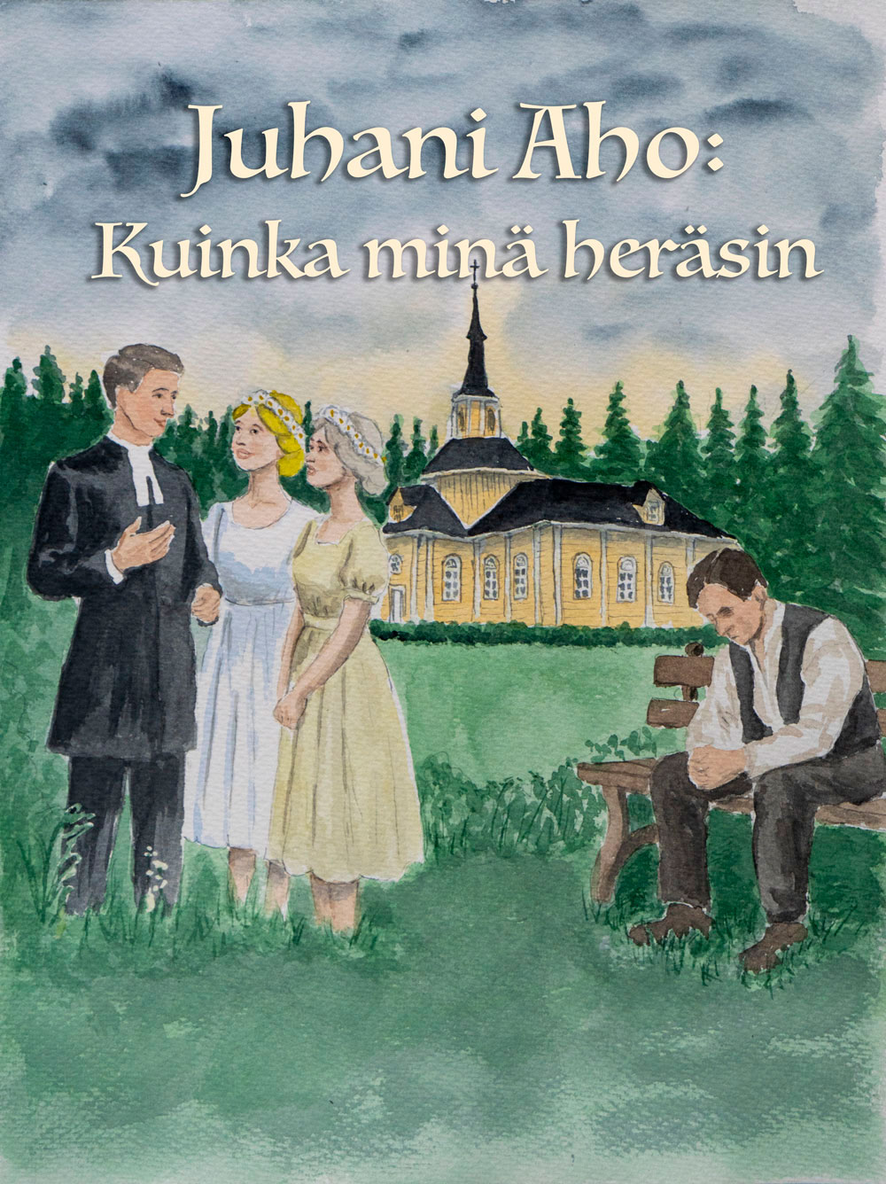 Pappi mustassa puvussa ja kaksi naista jututtaa, mies istumassa penkillä kirkon edustalla.