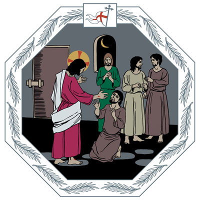 Lukittu ovi, ikkunasta näkyy kuu. Huoneessa Jeesus ilmestyy opetuslapsilleen kuolemansa jälkeen.