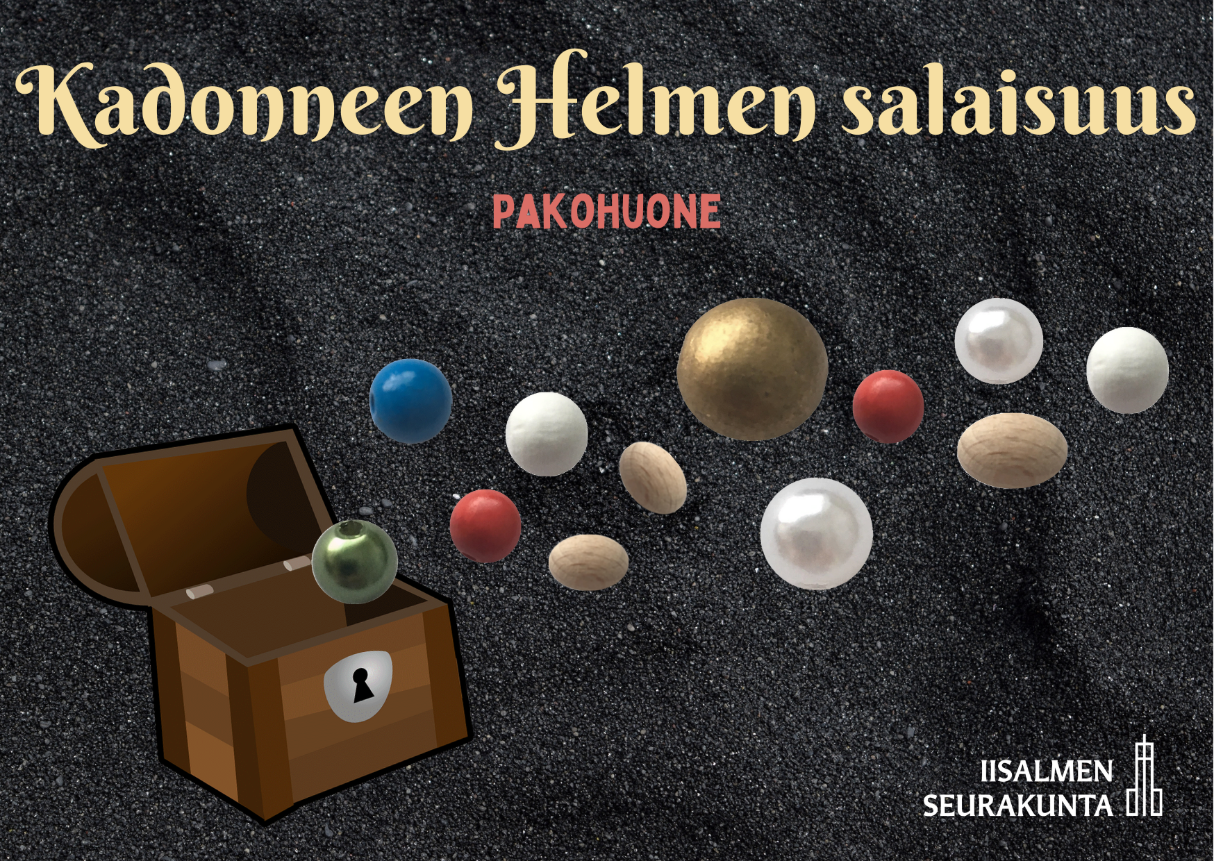 Pakohuone Kadonneen Helmen salaisuus Pyhän Ristin kirkossa Kuva jossa rukoushelmet ja arkku, Kadonneen Helmen salaisuus pakohuoneen mainos