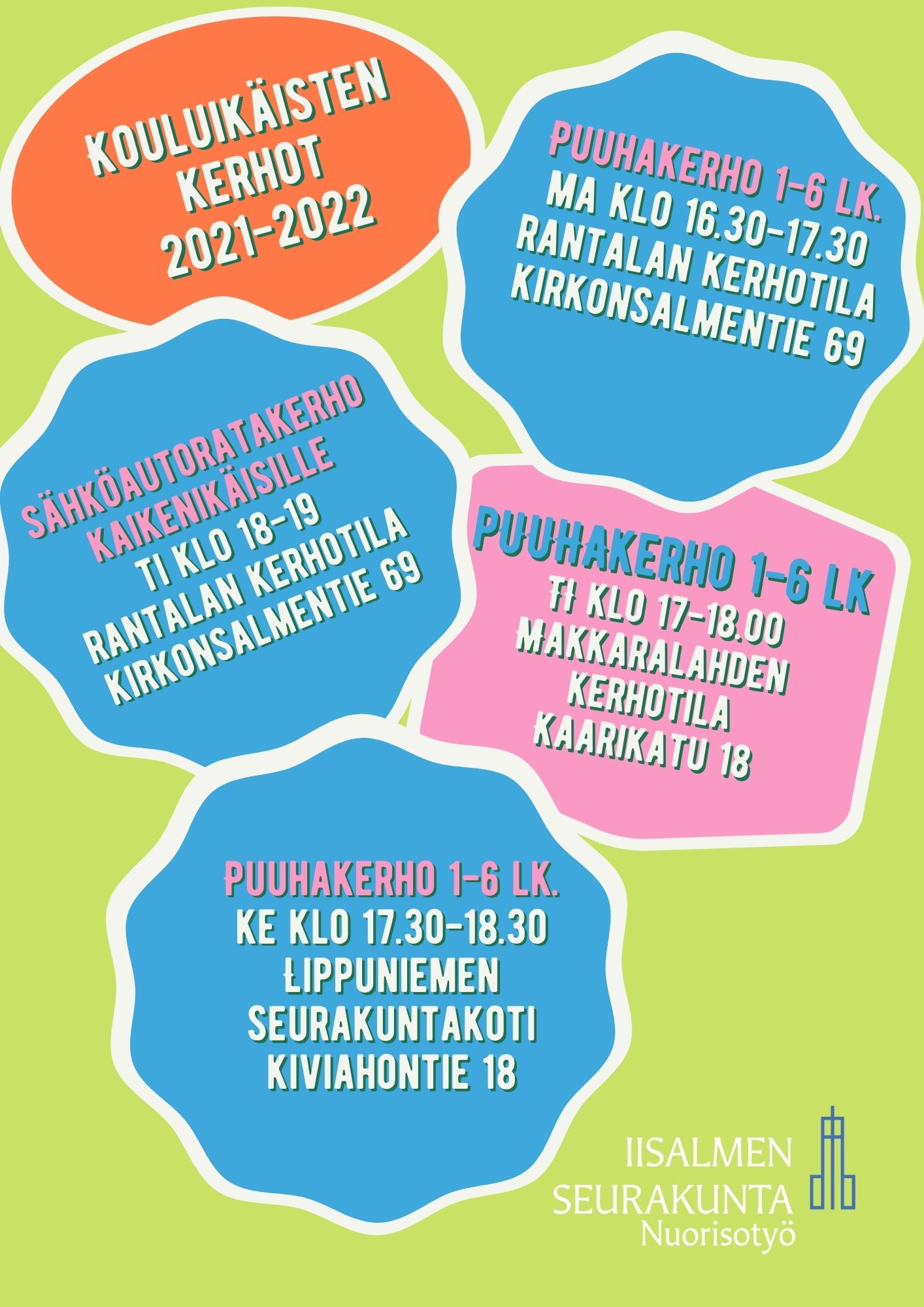 vihreällä pohjalla lukee kouluikäisten kerhojan ajankohdat