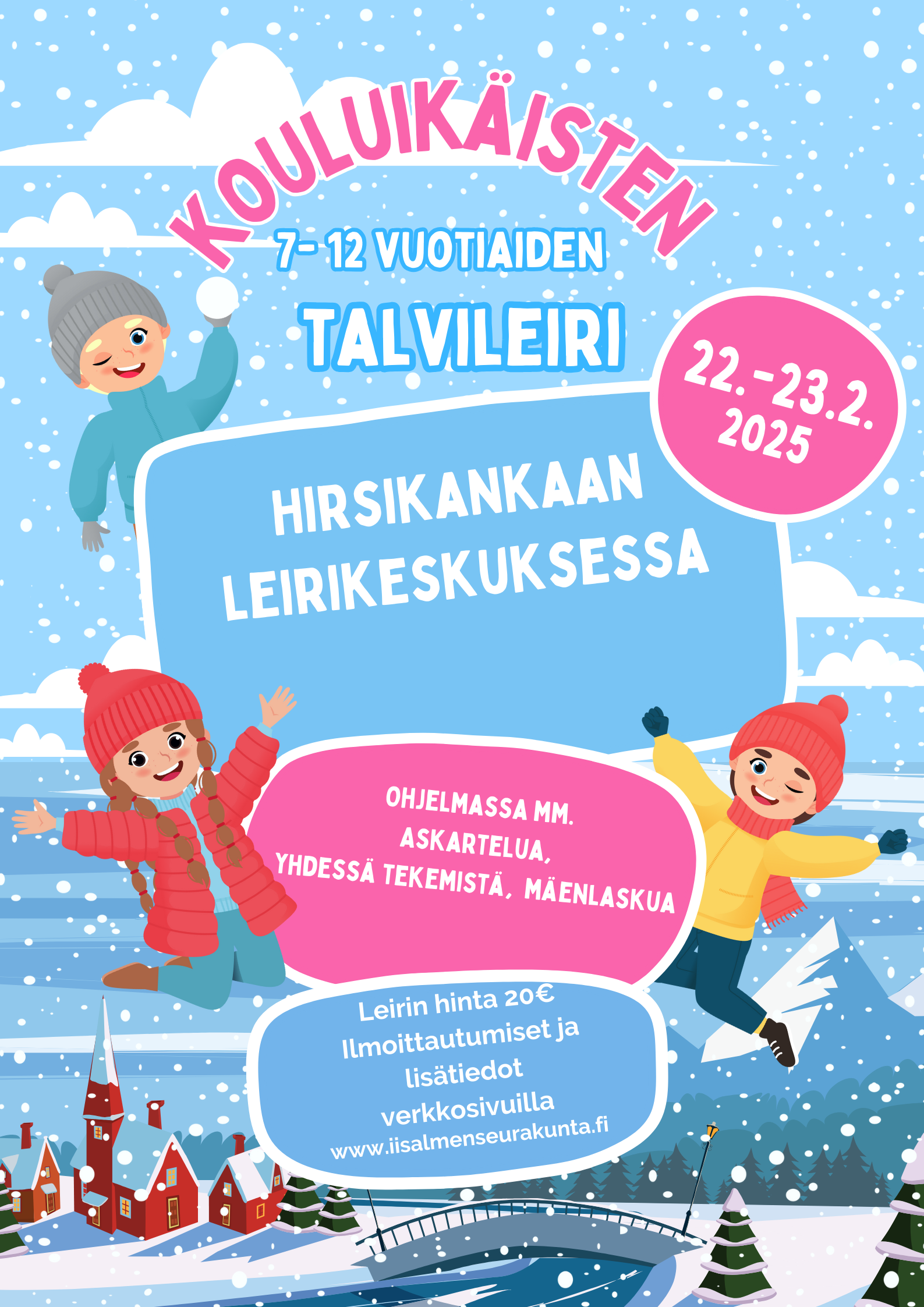 Kouluikäisten talvileiri 7-12-vuotiaille kuvassa tietoa leiristä