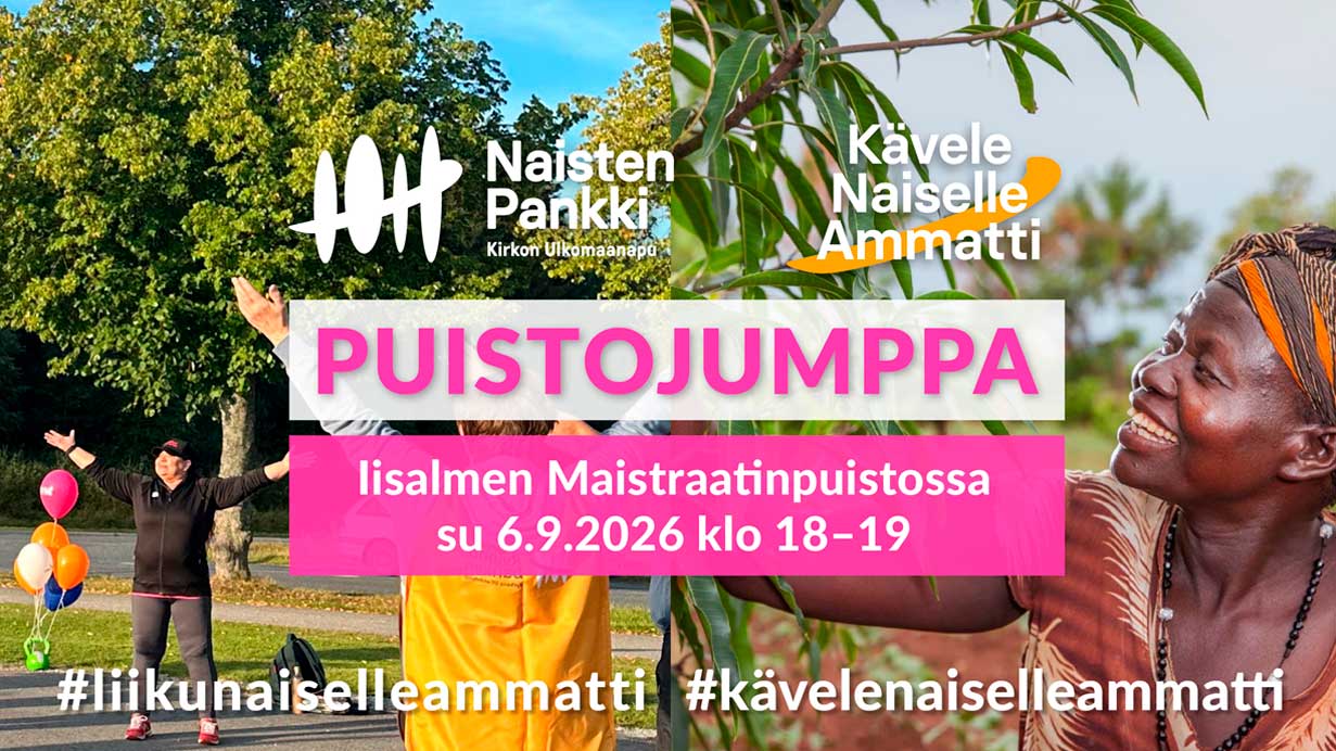 Jumppaavia naisia puistossa ja afrikkalaisen naisen kasvot. Teksti: puistojumppa Maistraatinpuistossa Iisal...