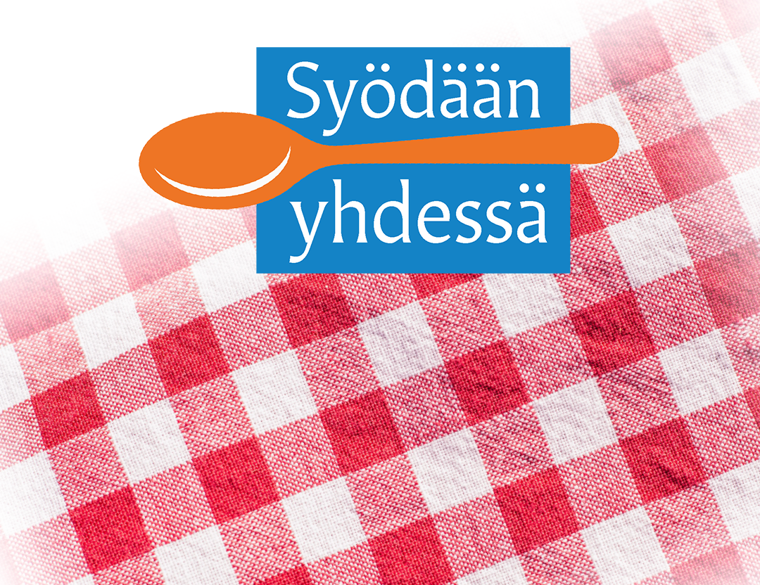Punavalkoruudullinen pöytäliina ja sen päällä lusikka sekä teksti: Syödään yhdessä.