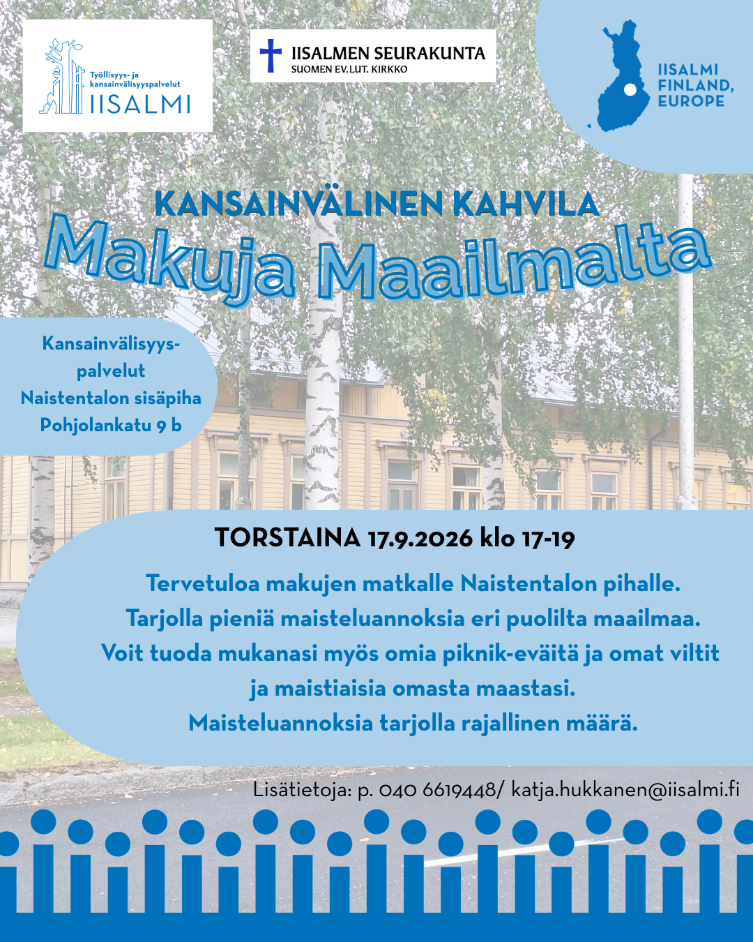 Kuvassa Naisten talo sinisellä pihalla ja teksti Makuja maailmalta