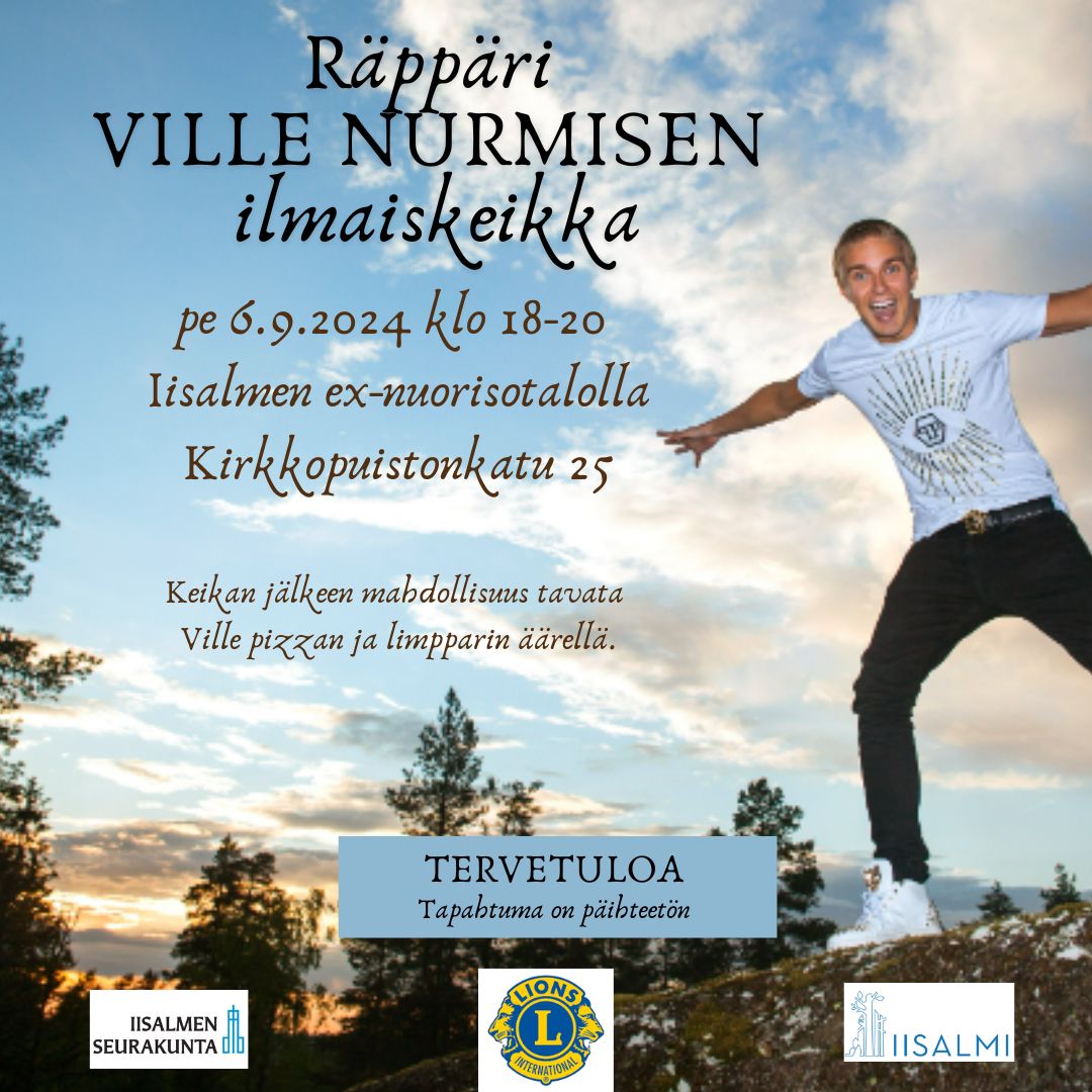 Rap artisti Ville Nurminen kädet levällään taivasta vasten ilmaiskeikkajulisteessa.