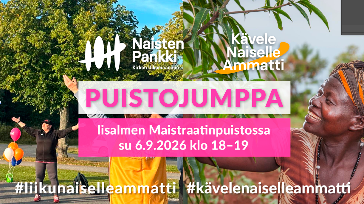 kuvassa tummaihoinen hymyilevä nainen ja teksti puistojumppa Iisalmen maistraatinpuistossa 6.9. klo 18. Lisäksi naistenpankin logo yläreunassa