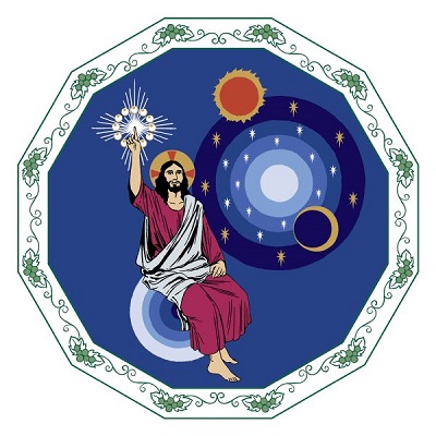 Messu Piirroskuvassa Jeesus istuu. Hänen oikea kätensä osoittaa ylöspäin ristiin, joka muodostuu säteistä. Jeesuksen vieressä näkyy viisi samankeskeistä ympyrää, joihin on piirretty aurinko, kuu ja tähtiä.