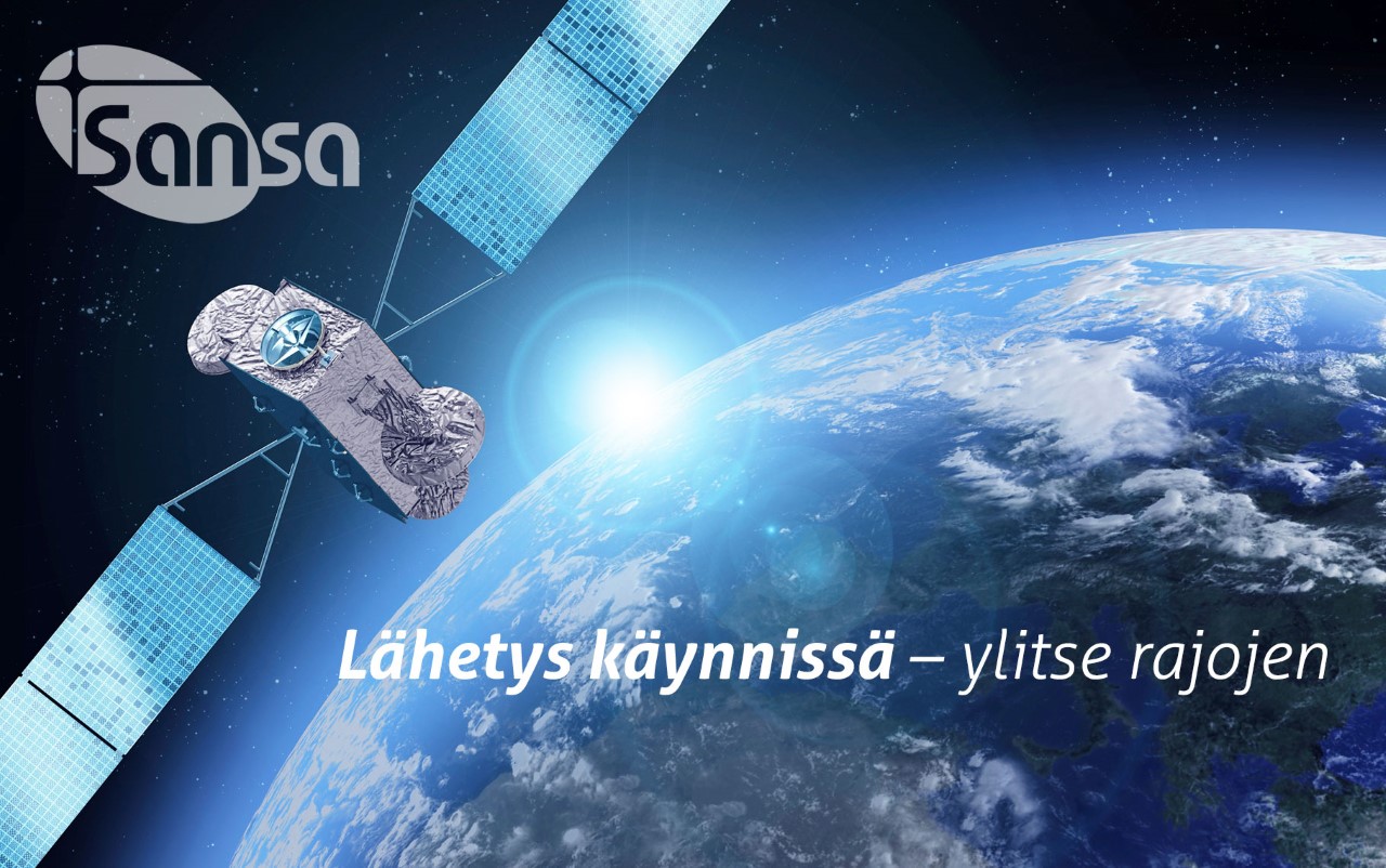 Lähetysilta Kuvassa satelliitti ja osa maapalloa sekä medialähetys Sanansaattajien logo sekä teksti Lähetys käynnissä ylitse rajojen