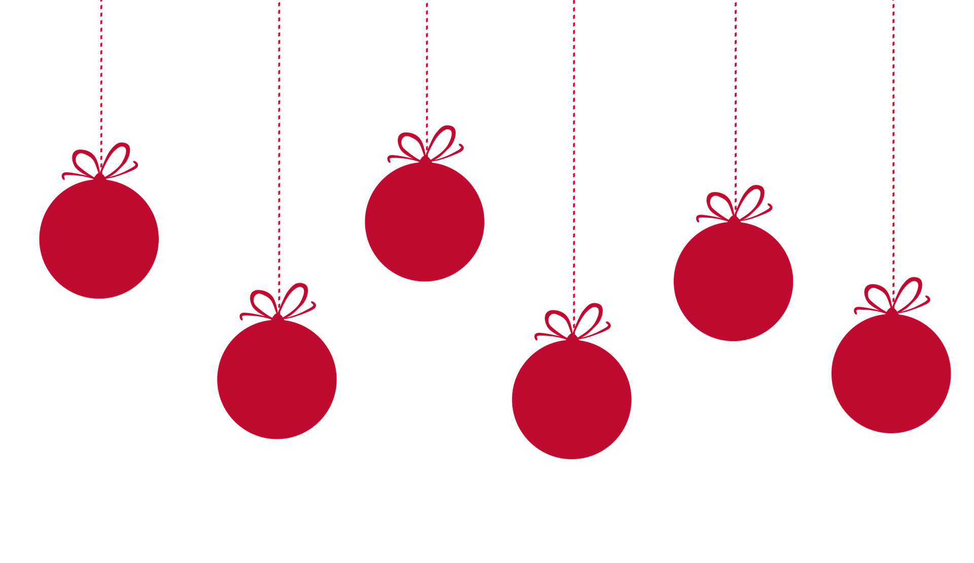 Punaisia joulupalloja roikkumassa langasta kuusi kappaletta.