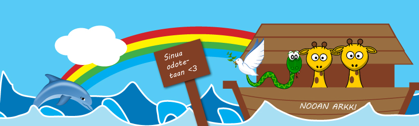Piirretty kuva, jossa Nooan arkista kurkistaa kaksi kirahvia ja käärme. Merestä hyppää delfiini.