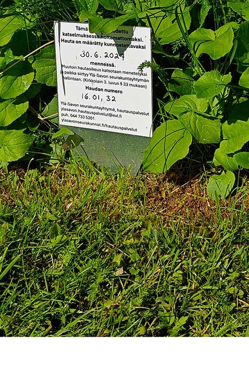 Valkea kyltti hautakiven edessä hautausmaalla nurmikolla.