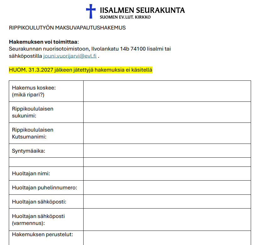 Maksuvapausanomuksen yläosan kuva. Kuvassa näkyy Iisalmen srk:n logo ja palautusohjeet sekä hakijalta kydyttävät kentät