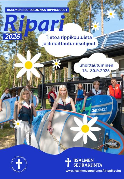 Rippikouluesitteen kansikuva, nuoria lähdössä suppailemaan laudat kainalossa rakennuksen edessä.