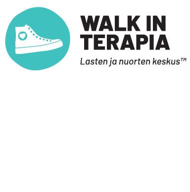 Turkoosissa pallossa valkea tennari. Teksti: Walk in terapia. Lasten ja nuorten keskus.